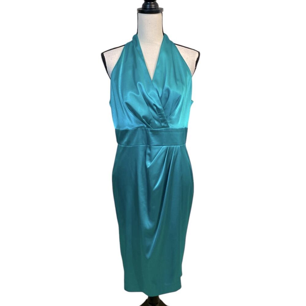 Jones New York 90s Y2K Halter Blue Green Satin Draped Cocktail Formal Dress 14